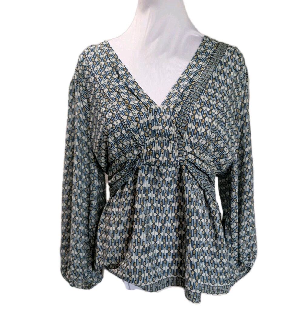 Max Studio Womens Size Large Boho Geometric Peasant Blue Top Shirt Cottagecore